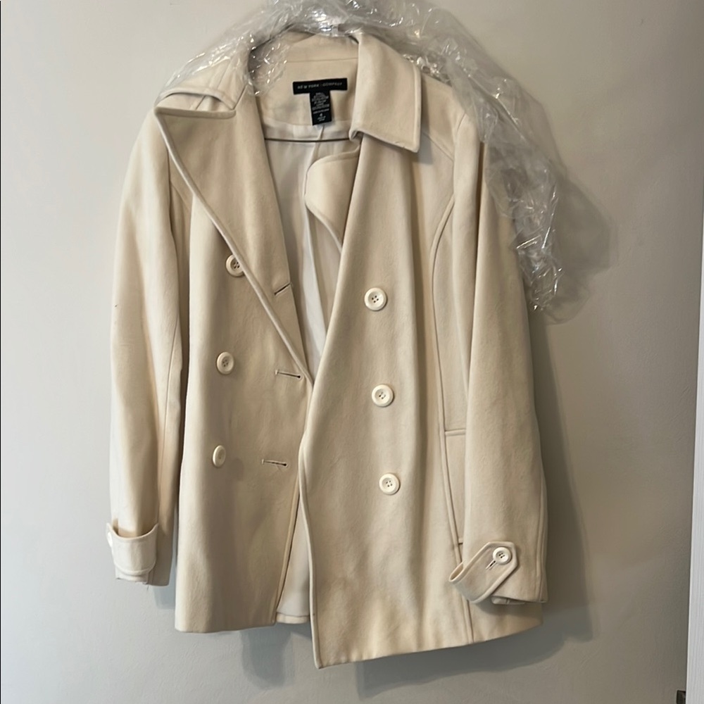 New York & Company Cream Peacoat with Wide Lapels